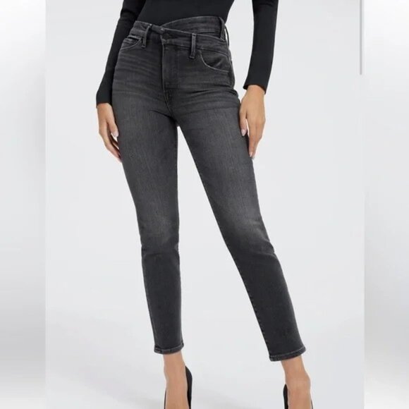 Good American Good Classic Slim Straight Crossover Waist Jeans Black219 Sz 10 EU - Picture 1 of 13